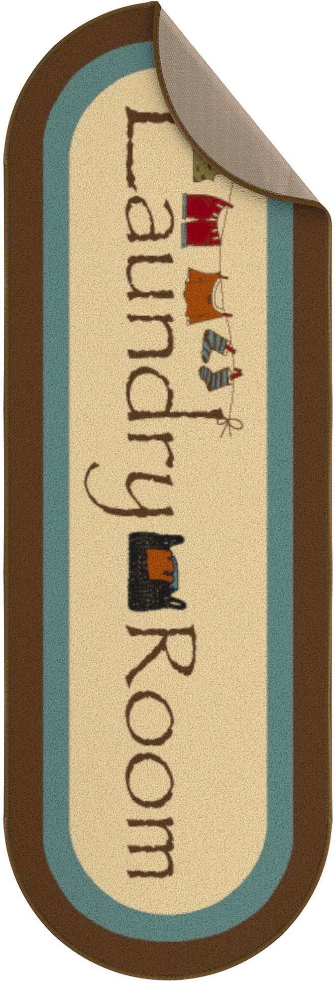 Ottomanson Laundry Collection Non-Slip Rubberback Bordered Design 2x5 Laundry Room Runner Rug, 20" x 59" Oval, Beige