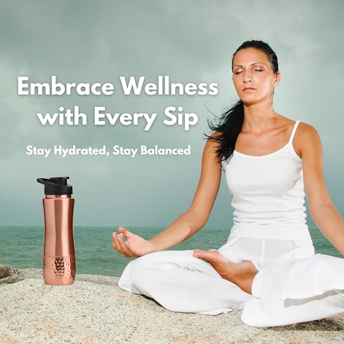Pure Copper Water Drinking Bottle with Sipper - Copper Hammered Ayurvedic Vessel For Drinking - Drink More Water, Reduce Sugar Intake - Ayurveda Health Benefits - 34 Oz