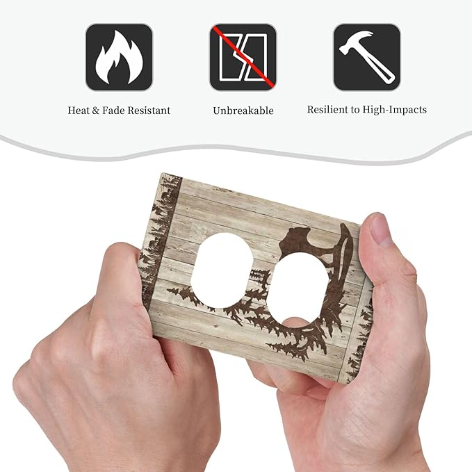 Rustic Wood Bear Forest 1 Gang Outlet Plate Covers Decorative Single Duplex Wall Plate Vintage Cabin Electrical Receptacle Light Switch Cover Art Faceplate Switchplate for Farmhouse Bedroom Decor