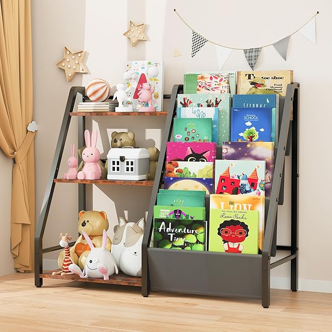 Kids Bookshelf and Toy Organizer, Book Shelf for Kids Rooms,2 in 1 Nursery Book Shelves, Toddler Bookshelf Montessori Bookshelf and Kids Book Shelf (Black)