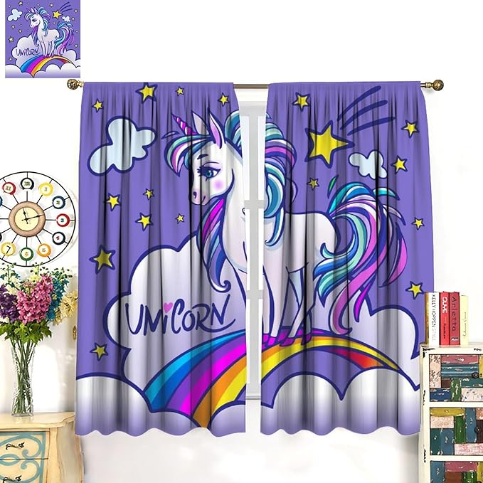 Kids Unicorn Curtains Purple Cartoon Rainbow Cartoon Room Blackout Curtains Boys Girls Baby Room Decor Curtains Living Room Decor 55x63 Inch 2 Panels