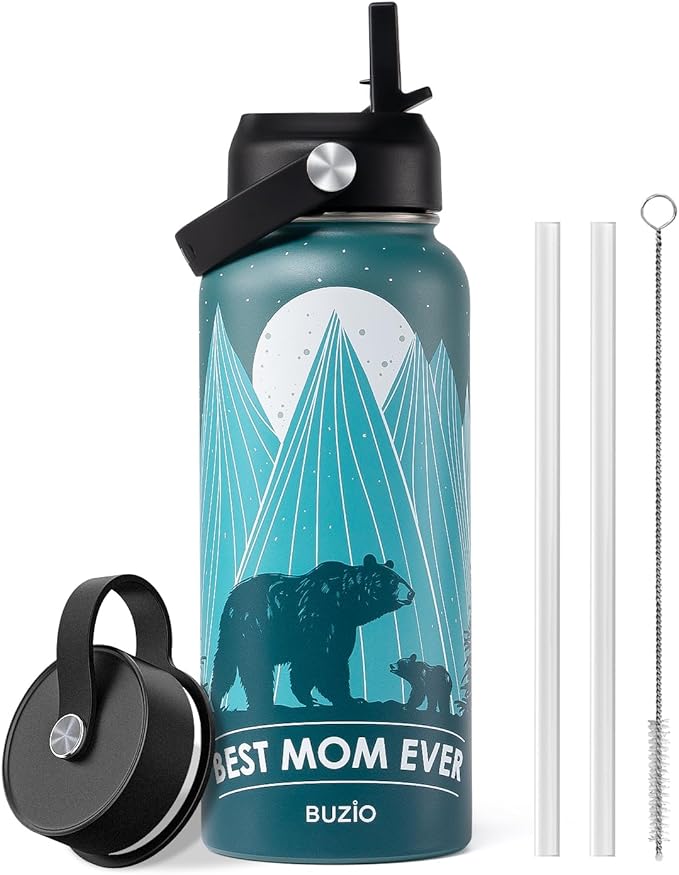 Gifts for Mom Birthday, 32oz Best Mom Water Bottle for Mother Gift, BUZIO Bear Mama Hydro Water Flask with Straw Lid, Stainless Steel Insulated Vacuum Metal Tumbler from Daughter Son, Cold for 48Hrs