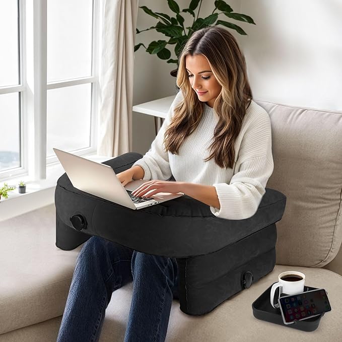 cjc Reading Pillow for Gaming, Memory Foam Gaming Pillow for Lap with Coaster, Hight Adjustable Lap Desk Pillow for Reading, Working, Crocheting or Sitting in Bed Floor Sofa (Black+Cup Tray)