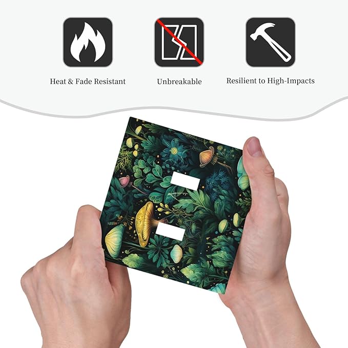 Green Dark Forest Mystical Mushroom Double Toggle Light Switch Covers 2 Gang Wall Plate Dual Decorative Switchplate Electrical Faceplate for Country Bathroom Bedroom Kitchen Decor