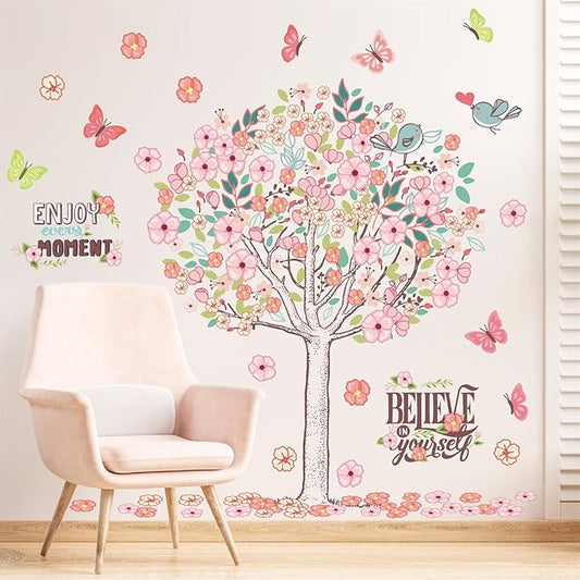 Large Pink Flowers Tree Wall Decals Spring Tree Wall Stickers Baby Girls Room Decor Believe Inspirational Quotes Wall Decals Peel and Stick Cherry Blossom Decals for Bedroom Nursery Living Room Decor