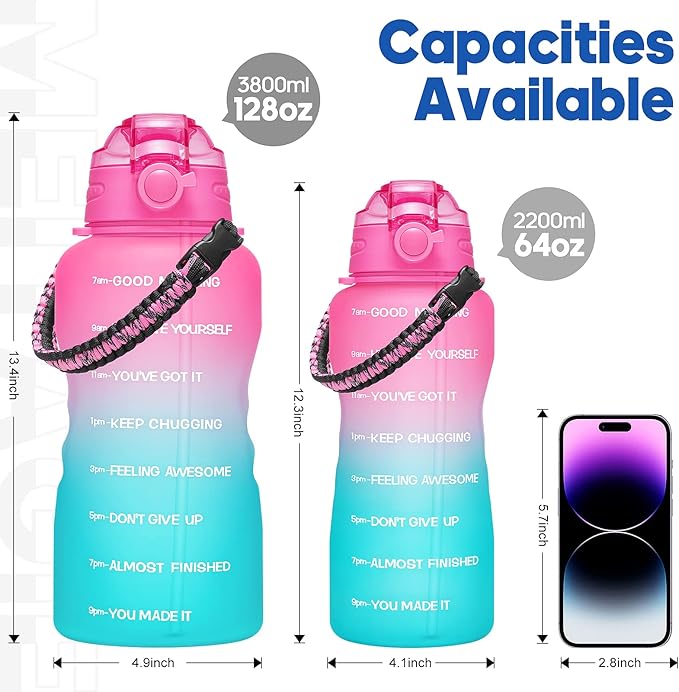 Water Bottles 1 / Half Gallon with Time Marker and Straw, Large Fitness Sports Motivational Bottle, Wide Mouth Leakproof and BPA Free for Travel, Gym,office,school