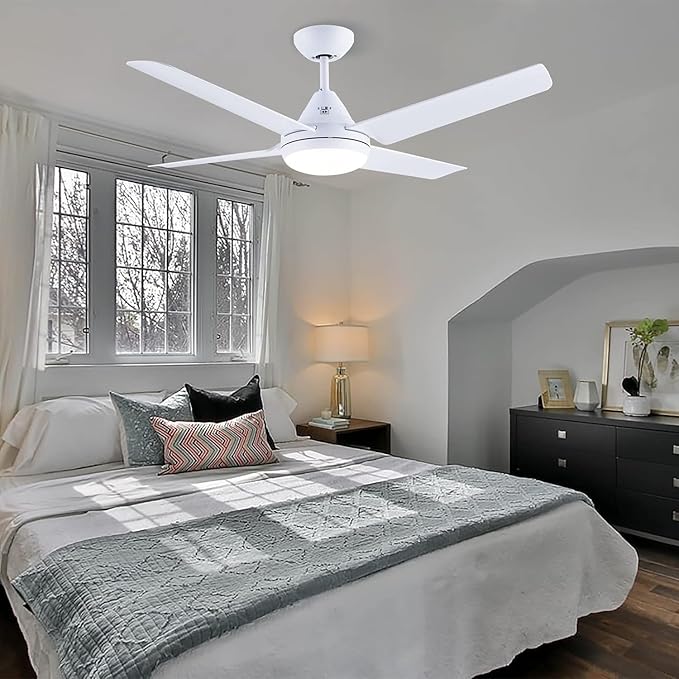Newday 48-in Ceiling Fan with Lights and Remote, White Ceiling Fan with 4 Reversible Blades, Quit Motor, 3 Speed, Modern Adjustable Color Temperature for Indoor Outdoor