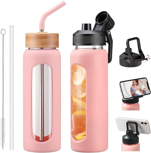Glass Water Bottles with Straw -24oz- Water Bottle Phone Holder for Gym Sports Water Bottles with Silicone Sleeve Glass Drinking Bottles 2 Lids - Spout & Bamboo Straw Lid(Pink)