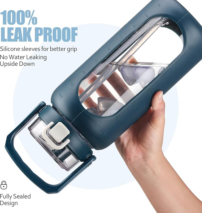 BLUEGO 64oz Glass Water Bottle with Handle and Straw, Motivational Sports Water Bottle with Time Marker and Silicone Sleeve Leakproof Drinking Bottle for Travel Gym Workout, Dark Blue