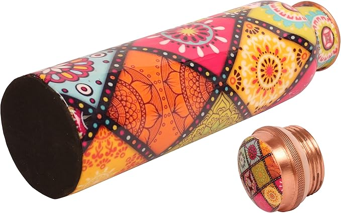 Pure Copper Water Bottle - Handcrafted - Ayurveda health benefits - Large 35 oz - Leak proof - Easy to carry for Sports, Fitness, Yoga, School - Artistic Floral Petals Multicolor Enamel