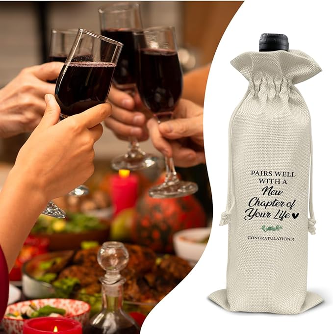 HOIJAUMAI New Chapter Wine Bag, New Job Gift for Women Men, Going Away Gifts for Coworker Colleague Friends, Pairs Well with a New Chapter of Your Life Burlap Drawstring Wine Bag