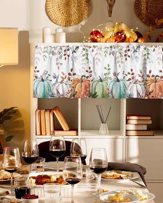 Fall Thanksgiving Kitchen Curtains Valances for Windows Autumn Pumpkins Eucalyptus Leaves Rod Pocket Window Treatment for Kitchen /Living Room/Bedroom/ Bathroom, 60" X 18", Blue Sage Green Orange