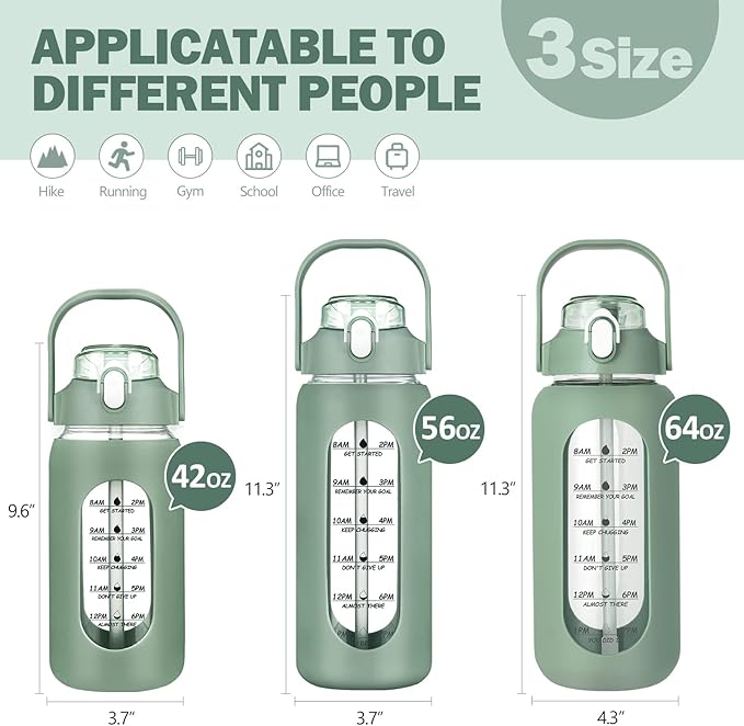 kytffu 42oz Glass Water Bottles with Straw, Motivational Glass Bottle with Silicone Sleeve and Time Marker, Leakproof Large Glass Water Jug for Gym Home Office,Olive