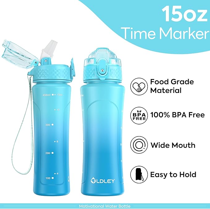 OLDLEY Kids Water Bottle for School with Straw Chug Lid, 15 oz Unbreakable Leak-Proof BPA-Free Motivational Water Bottles with Time Marker for Travel Sports Gym, Green Blue