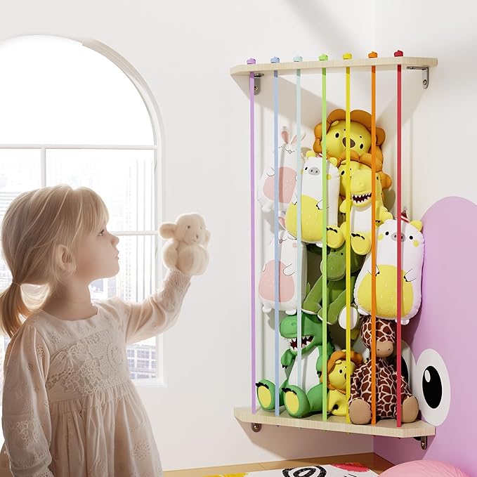 Stuffed Animals Storage for Corner | 4ft Adjustable Large Capacity Wooden Plushies Organizer with Colorful Elastic Cords | Easy Installation | Perfect for Kids' Rooms and Playrooms