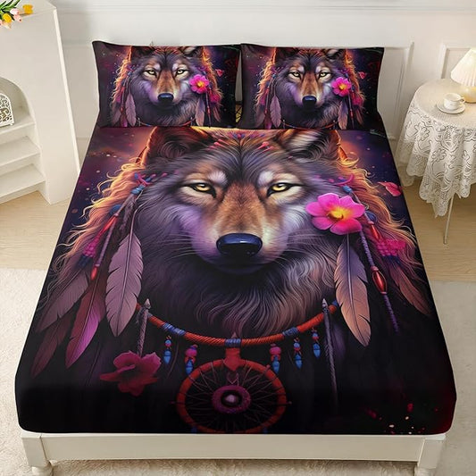 AILONEN Wolf Dream Catcher Fitted Sheet Set Full Size, Wildlife Wolf Bed Sheet Set,Safari Animal Moon Wolf Fitted Sheet and 2 Pillowcases,3 Pieces(Boys/Men/Kids/Teens)