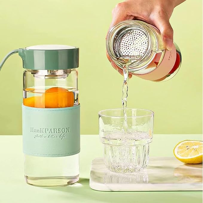 Glass Water Bottles 16 Oz Borosilicate water bottle-with sealing cap and Holsters and filters - BPA free,Men and Women Portable Glass Bottle (Pink+Green)