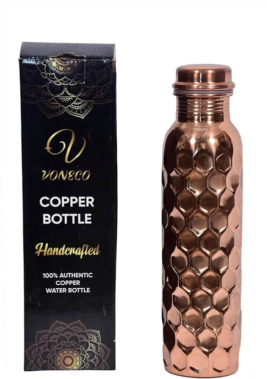 Copper Bottle For Drinking Water 33 Oz Ayurvedic Leak Proof lid Diamond Design Durable Lightweight Hand Washable Vessel Clean Cool Water Natural Minerals Boost Energy Safe Water Utensil