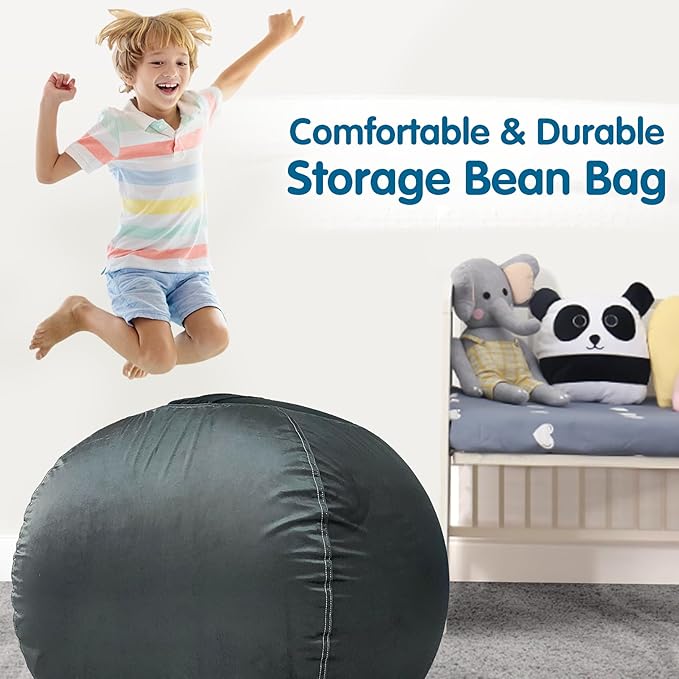 Lukeight Stuffed Animal Storage Bean Bag Chair Cover for Kids, Zipper Beanbag Chair Cover for Organizing Toddler and Kids' Rooms Plush Toys (Dark Gray Velvet, XX-Large)