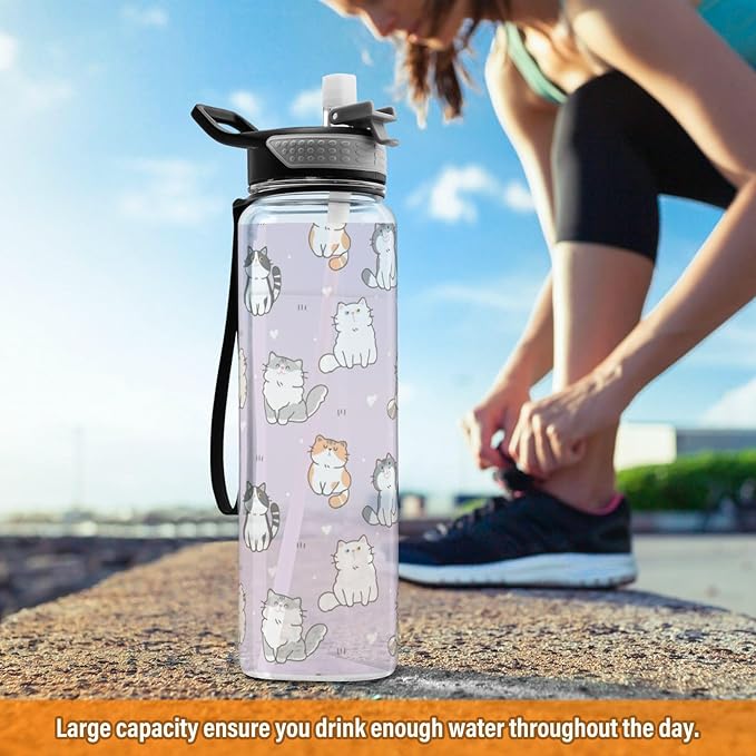 Personalized Custom Water Bottle with Straw Cute Cat Purple Sports Bottles BPA-Free Tritan Heart Water Jug with Carrying Strap for Gym Office Outdoor Sports