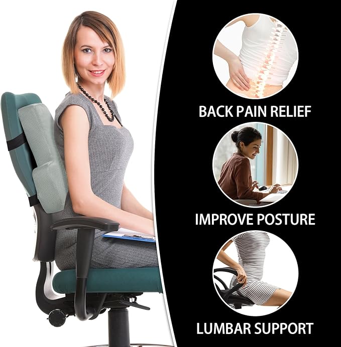 HOMBYS Lumbar Support Pillow for Office Chair-Seat Cushion for Back Support, Improved Sitting Posture and Upper/Lower Back Pain Relief for Desk Chairs, Car Seats and Airplanes (Light Grey, 17"x13"x3")