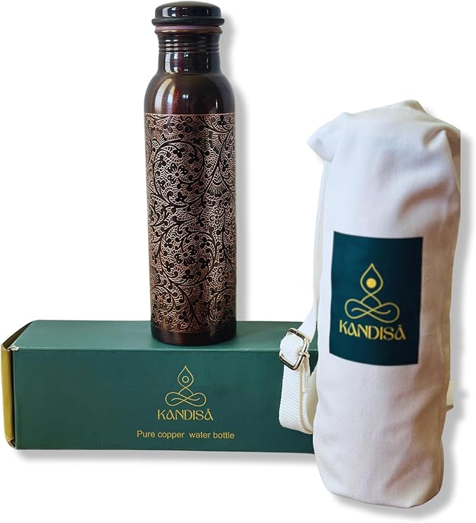 Kandisa Antique Etched Copper Water Bottle with a Canvas Bag | 32oz Pure Copper Water Bottle For Drinking | Anti Slip Bottom | Handcrafted by Artisans | Sustainable & Eco-friendly