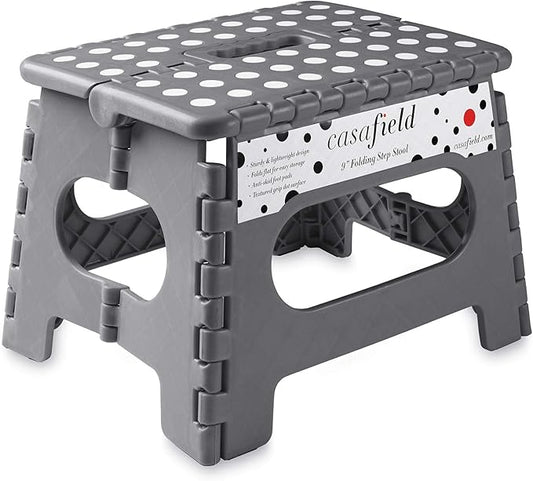 Casafield 9" Folding Step Stool with Handle, Gray - Portable Collapsible Small Plastic Foot Stool for Kids and Adults - Use in The Kitchen, Bathroom and Bedroom