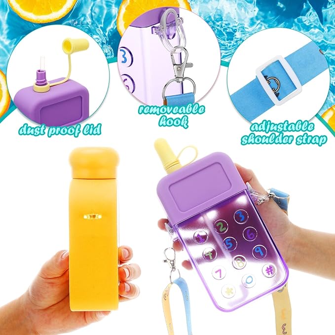 Patelai 8 Pcs Cute Water Bottles with Straw Kawaii Watermelon Ice Cream Cups Leak Proof Drinking Bottles with Adjustable Shoulder Strap for Sports Travel Camping(Stylish Style)