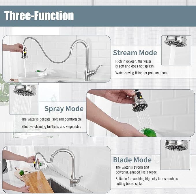 Kitchen Faucet with Soap Dispenser, Faucet for Kitchen Sink, Single Handle Stainless Steel Kitchen Sink Faucets with Pull Down Sprayer and Deck Plate, RV Sink Faucet, Nickel Brushed