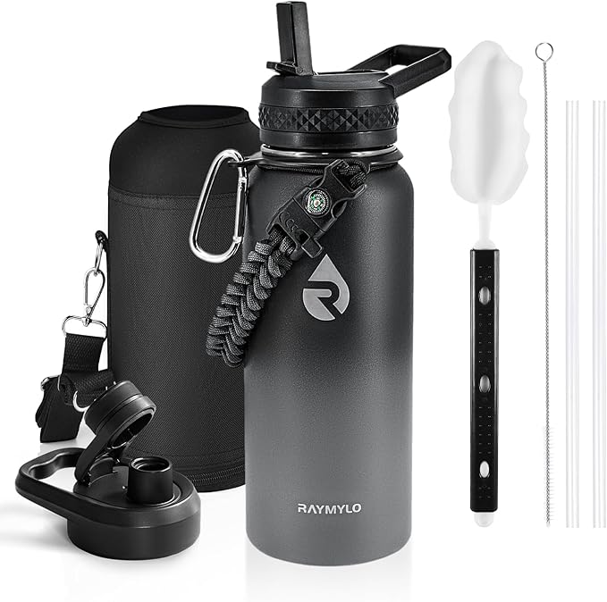 Insulated Water Bottle 40 oz, Triple Wall Vacuum Stainless Steel (Cold for 48 Hrs), Leak Proof & Non-BPA, Modern Water Flask Jug with Paracord Handle & Straw Spout Lids, Dark Grey