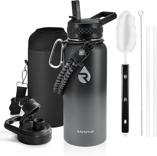 Insulated Water Bottle 40 oz, Triple Wall Vacuum Stainless Steel (Cold for 48 Hrs), Leak Proof & Non-BPA, Modern Water Flask Jug with Paracord Handle & Straw Spout Lids, Dark Grey