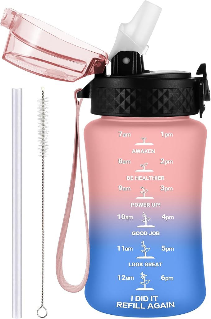 GOPPUS Kids Water Bottle with Straw Spout Lid 10pcs Stickers 12 oz Leak-proof BPA Free Motivational Time Marker Tritan Plastic Water Bottles for Girls Boys School Sports