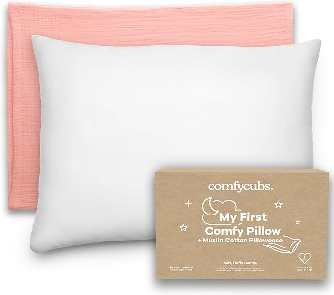 Comfy Cubs Toddler Pillow with Soft Muslin Pillowcase, 13"x18", Blush - Kids Pillow for Sleeping & Travel - Adorable & Comfortable Small Pillow - Kids Travel Pillow with Breathable Microfiber Fill