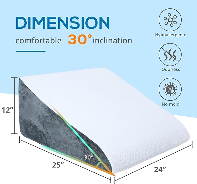 Sasttie Wedge Pillow for Sleep Apnea, 12 Inch Memory Foam Bed Wedge Pillow for Acid Reflux Relief, 30 Degree Triangle Incline Pillow Wedge for Sleeping with Removable Cover, Dark Grey