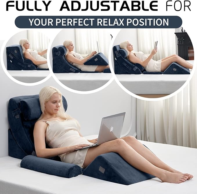 Qirroboni 6PCS Orthopedic Bed Wedge Pillow Set, Adjustable Pillows for Neck, Back and Leg Pain Relief Comfortable & Post Surgery Foam - Heartburn, Anti Snoring, Acid Reflux & GERD Sleeping Indigo