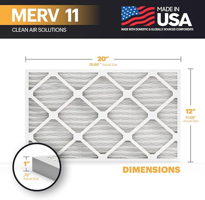 BNX TruFilter 12x20x1 Air Filter MERV 11 (6-Pack) - MADE IN USA - Allergen Defense Electrostatic Pleated Air Conditioner HVAC AC Furnace Filters for Allergies, Dust, Pet, Smoke, Allergy MPR 1200 FPR 7