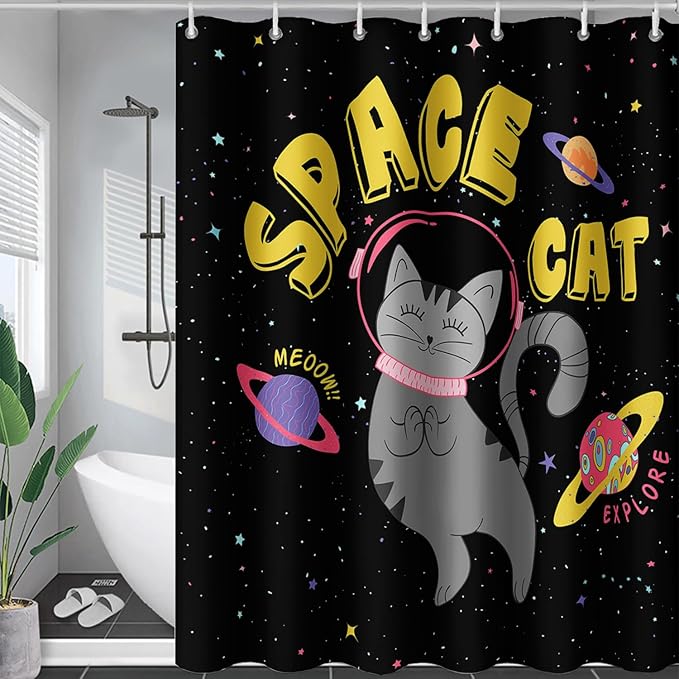 AILONEN Kawaii Cat Shower Curtains,Galaxy Aerospace Cat Bath Curtain for Bathroom,Outer Space Polyester Waterproof with 12 Plastic Hooks 72" W*84" H