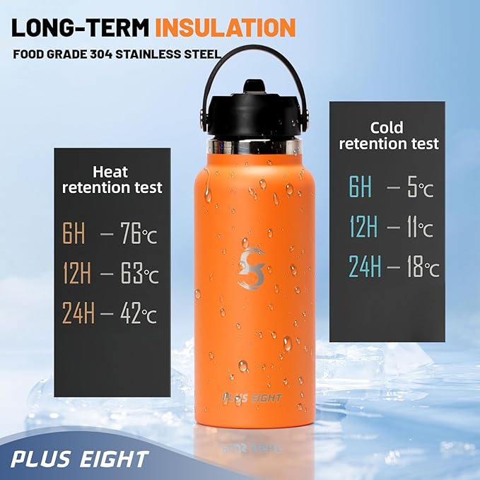 Sports Water Bottle, 32 oz Insulated Water Bottle With Straw, Stainless Steel Water Bottle Wide Mouth for Sports, Gym or Office, BPA-Free Keep Cold 24H Hot 12H (Orange)