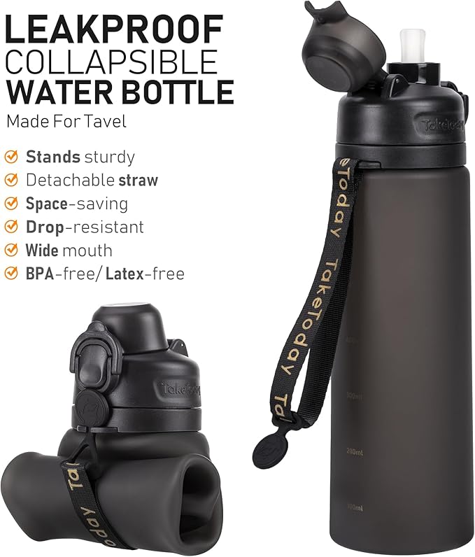 Collapsible Water Bottles 20oz, Leak Proof, BPA-Free, Foldable Silicone Travel Water Bottle with Straw Strap for Cycling, Hiking, Outdoors