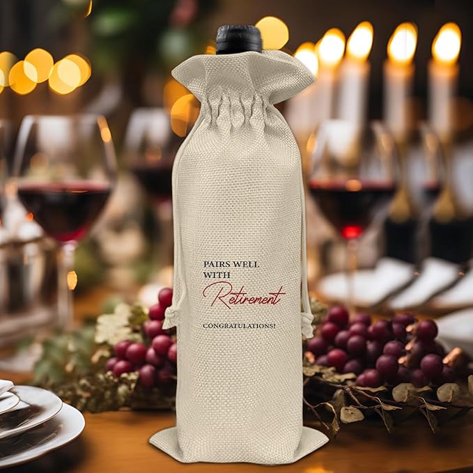 Retirement Wine Bag, Goodbye Gift for Coworkers, Retired Gift for Women Men, Going Away Gifts for Coworker Friends, Pairs Well with Retirement Wine Bag Happy Retirement Burlap Drawstring Wine Bag