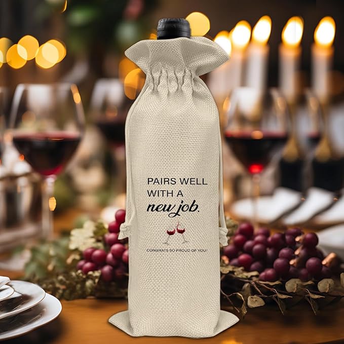 HOIJAUMAI New Job Gift Wine Bag, Going Away Gifts for Coworker Friends Women Men, Farewell Gift for Coworker, Pairs Well with a New Job Burlap Drawstring Wine Bag