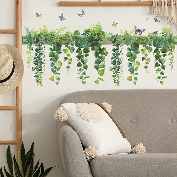Green Leaf Wall Decals Hanging Vine Wall Stickers Plant Butterfly Wall Decal DIY Removable Wall Art Decals Peel and Stick Art Murals for Kitchen Bedroom Classroom Kids Nursery Decor