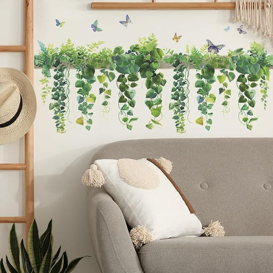 Green Leaf Wall Decals Hanging Vine Wall Stickers Plant Butterfly Wall Decal DIY Removable Wall Art Decals Peel and Stick Art Murals for Kitchen Bedroom Classroom Kids Nursery Decor