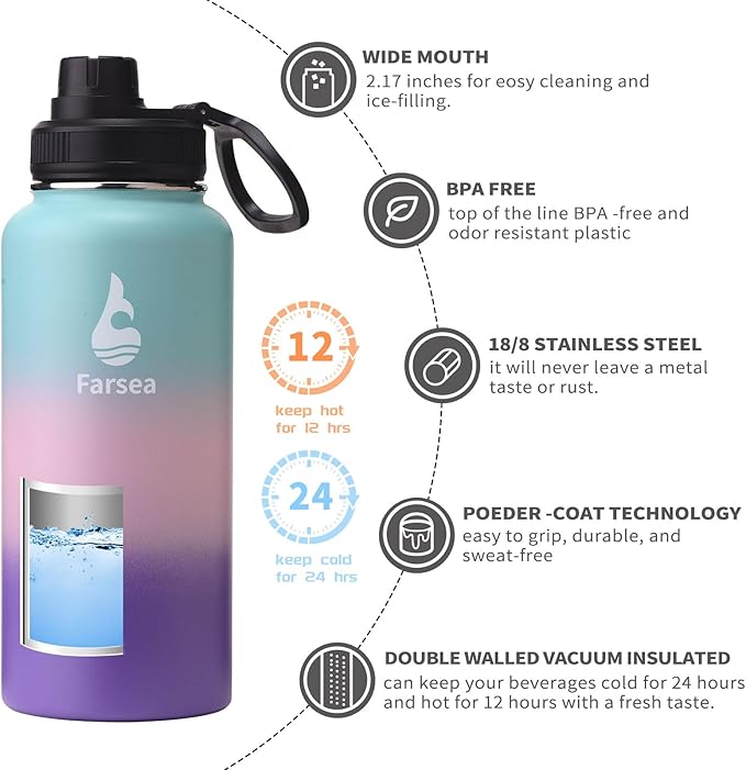 Farsea Insulated Water Bottle With Paracord Handle, Protective Boot and 2 Lids (Straw Lid & Spout Lid), Stainless Steel Water Bottle Wide Mouth, Double Wall Sweat-Proof BPA-Free, 32 oz