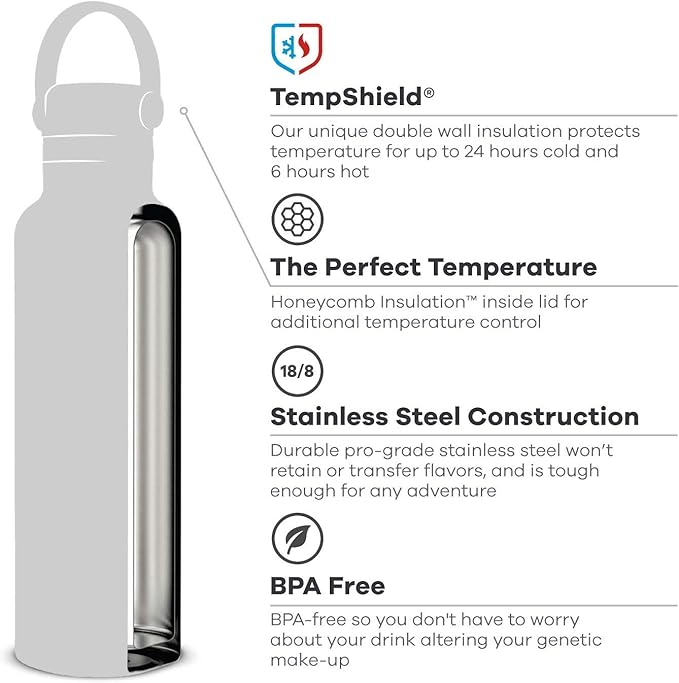 Hydro Flask Stainless Steel Standard Mouth Water Bottle with Flex Cap and Double-Wall Vacuum Insulation