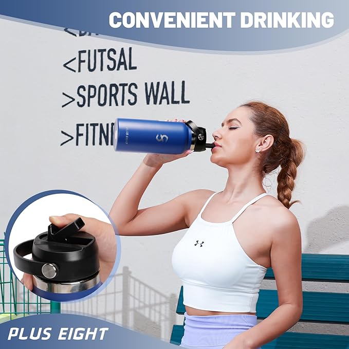 Sports Water Bottle, 32 oz Insulated Water Bottle With Straw, Stainless Steel Water Bottle Wide Mouth for Sports, Gym or Office, BPA-Free Keep Cold 24H Hot 12H (Blue)