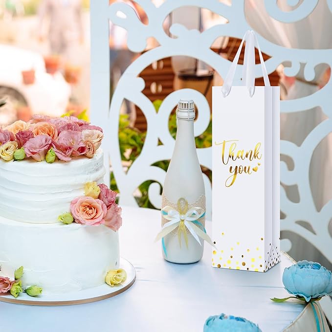 Ctosree 30 Pcs Wine Gift Bag for Wine Bottle Wedding Wine Thank You Gift Bag with Metallic Gold Foil Print Kraft Wine Paper Favor Bag with Attractive Rope Handle for Graduation Bottle(White)