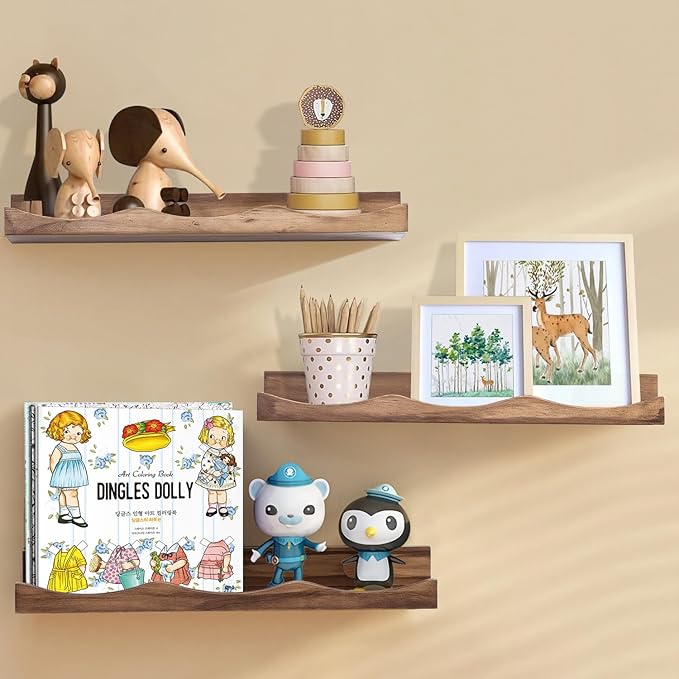 AZSKY Floating Bookshelf for Kids, Picture Ledge Shelf for Wall Decor and Storage 16 Inches Nursery Book Shelves Set 3, Baby Book Shelf for Kids Room Decor(Walnut)