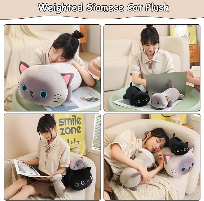 SQEQE Weighted Siamese Cat Plush, Weighted Siamese Cat Stuffed Animal for Anxiety, Cute Siamese Cat Plushies Soft Siamese Cat Pillow Toy Gift for Kids Adults 13.8 Inch, 1.6 lbs