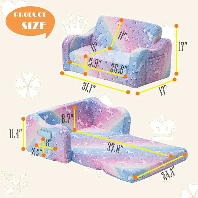 Baby Toddler Sofa Couch for Kids Extra Wide 2-in-1 Toddler Kids Fold Out Couch Bed for Playroom, Pull Out Children Convertible Sofa to Lounger for Boys & Girls with Double Pockets, Pink Horse